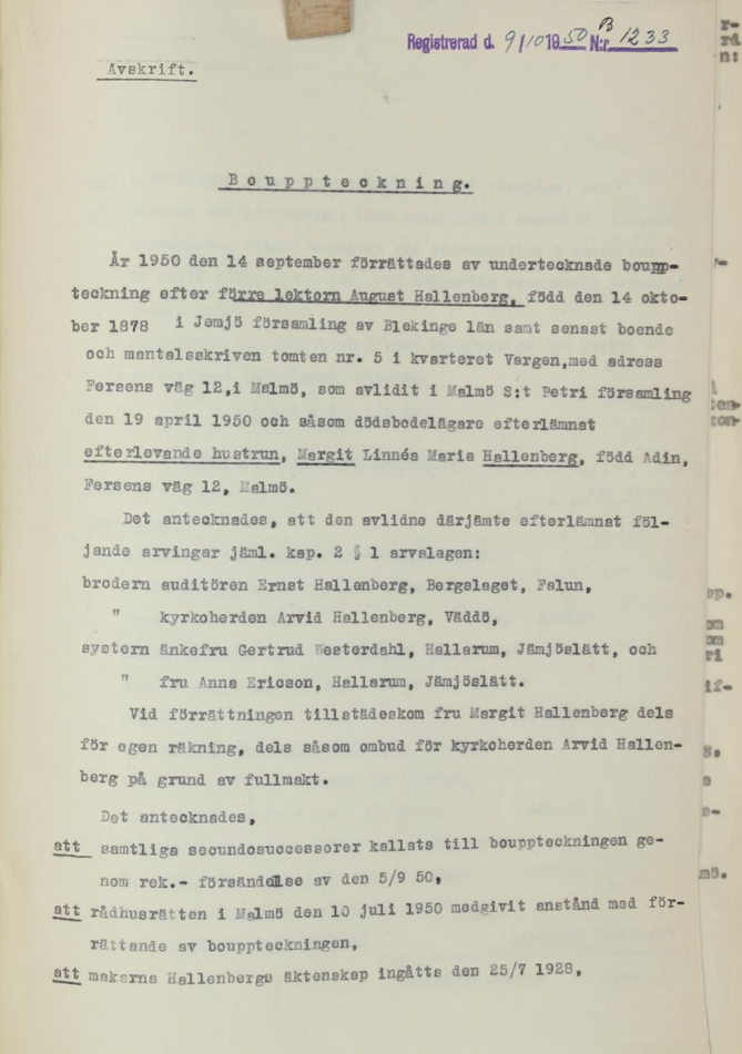 Bouppteckning efter August Hallenberg, sid 1