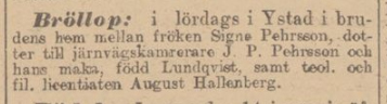 Bröllopsnotis i tidningen för August Hallenberg och Signe Pehrsson som gifte sig 11 Jan 1908, ur Dagens Nyheter 14 Jan 1908
