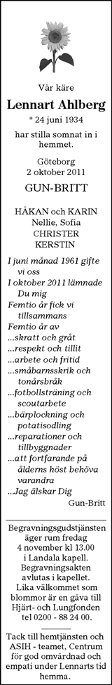Dödsannons efter Lennart Ahlberg, död 2 okt 2011