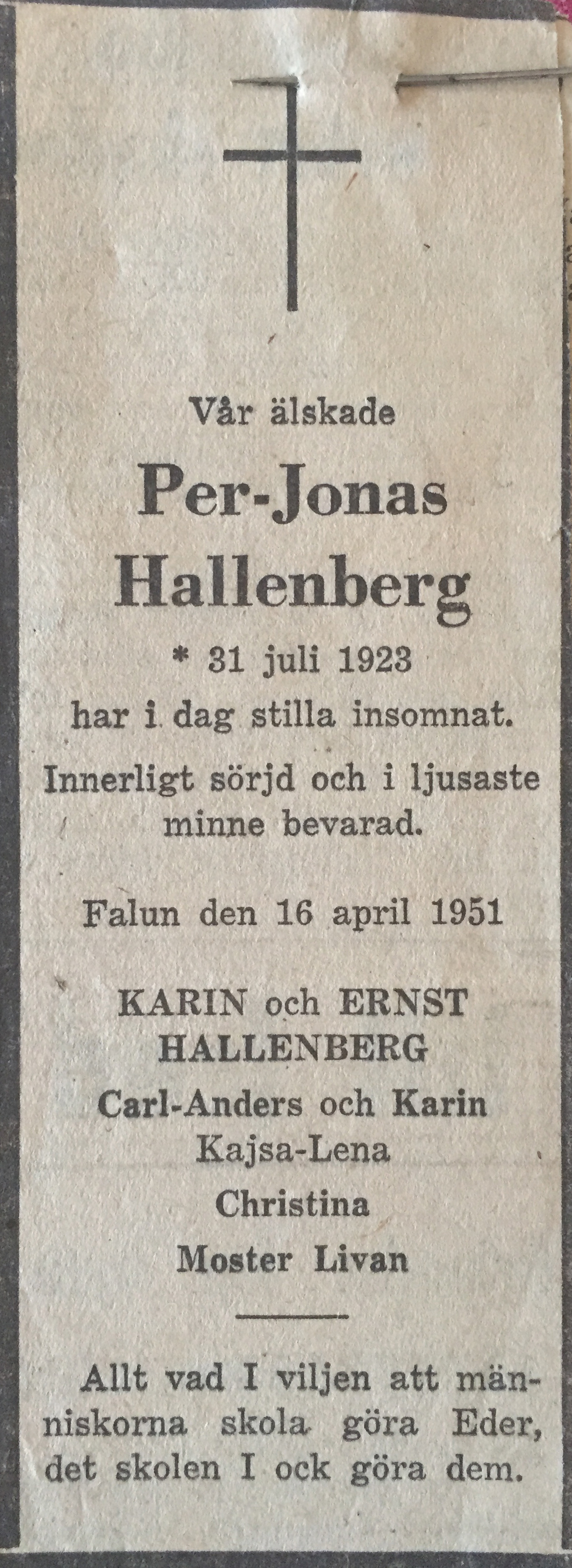 Dödsnotis i tidningen efter Per-Jonas död 1951