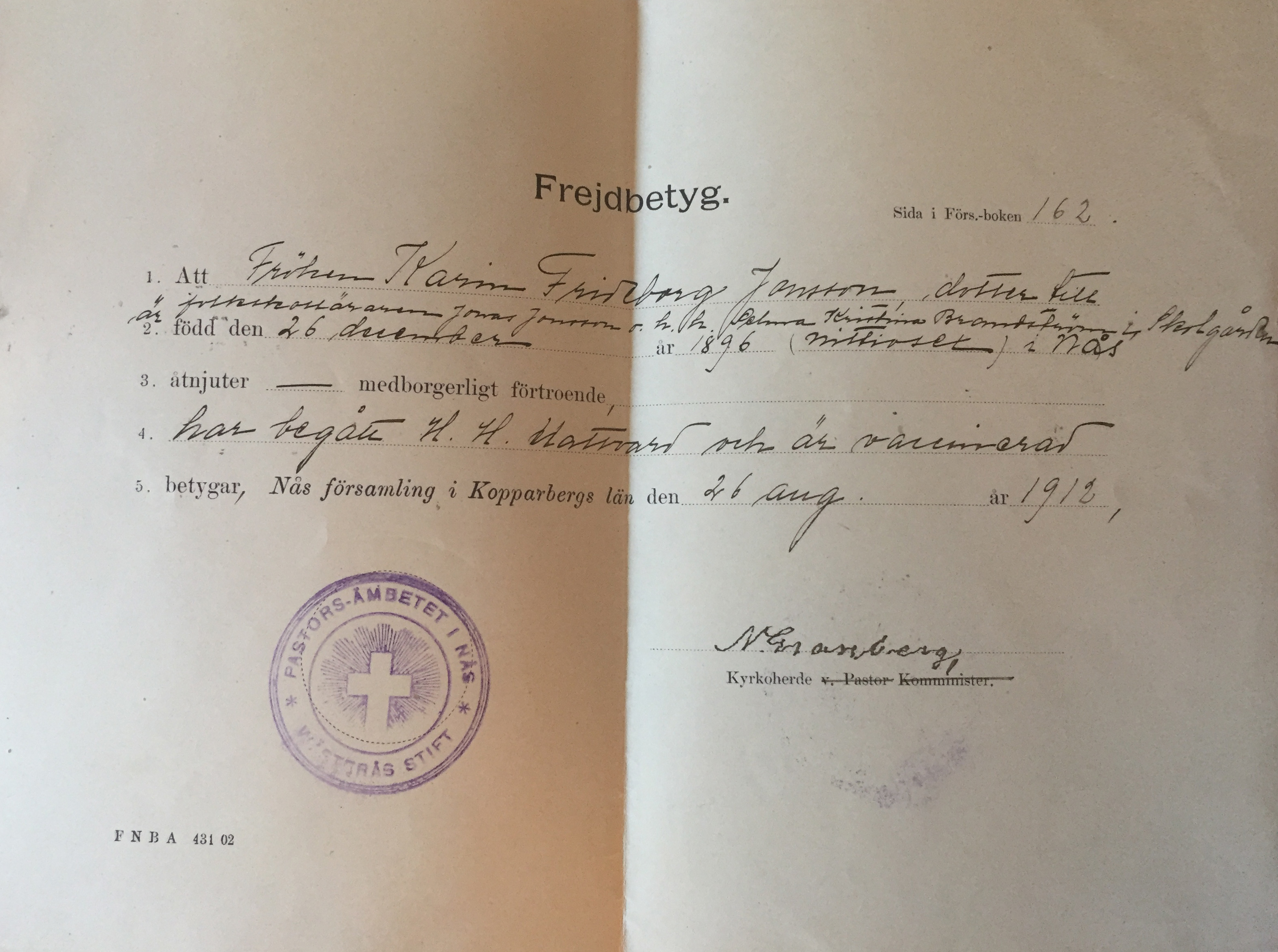 Frejdbetyg efter Karin Jonssons konfirmation 1912