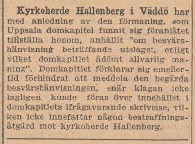 Ingen bestraffningsårgärd av Uppsala domkapitel mot Arvid Hallenberg, ur Svenska Dagbladet 3 Dec 1930