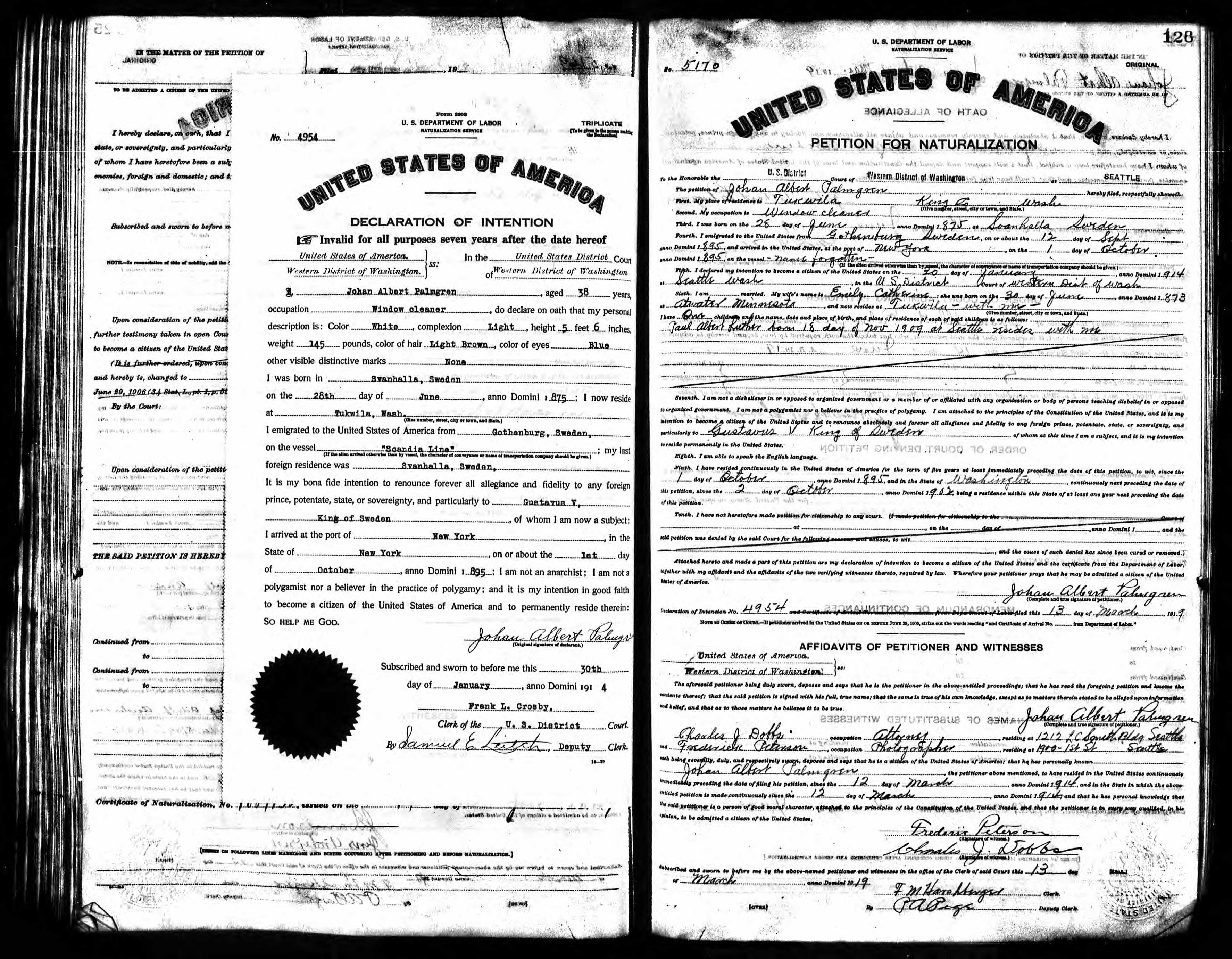 Johan Albert Palmgren född Persson, farfars fars (Ernst Hallenbergs) kusin, söker medborgarskap i USA